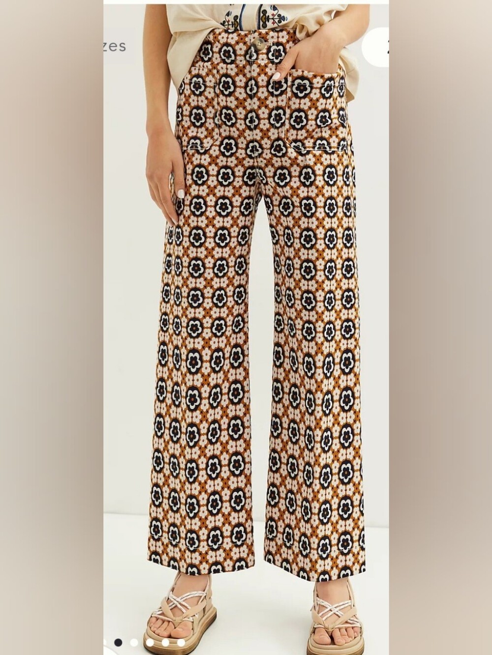 Anthropologie Retro Floral Tile Wide Leg Colette Pants Tan Navy 31X26 Like New
